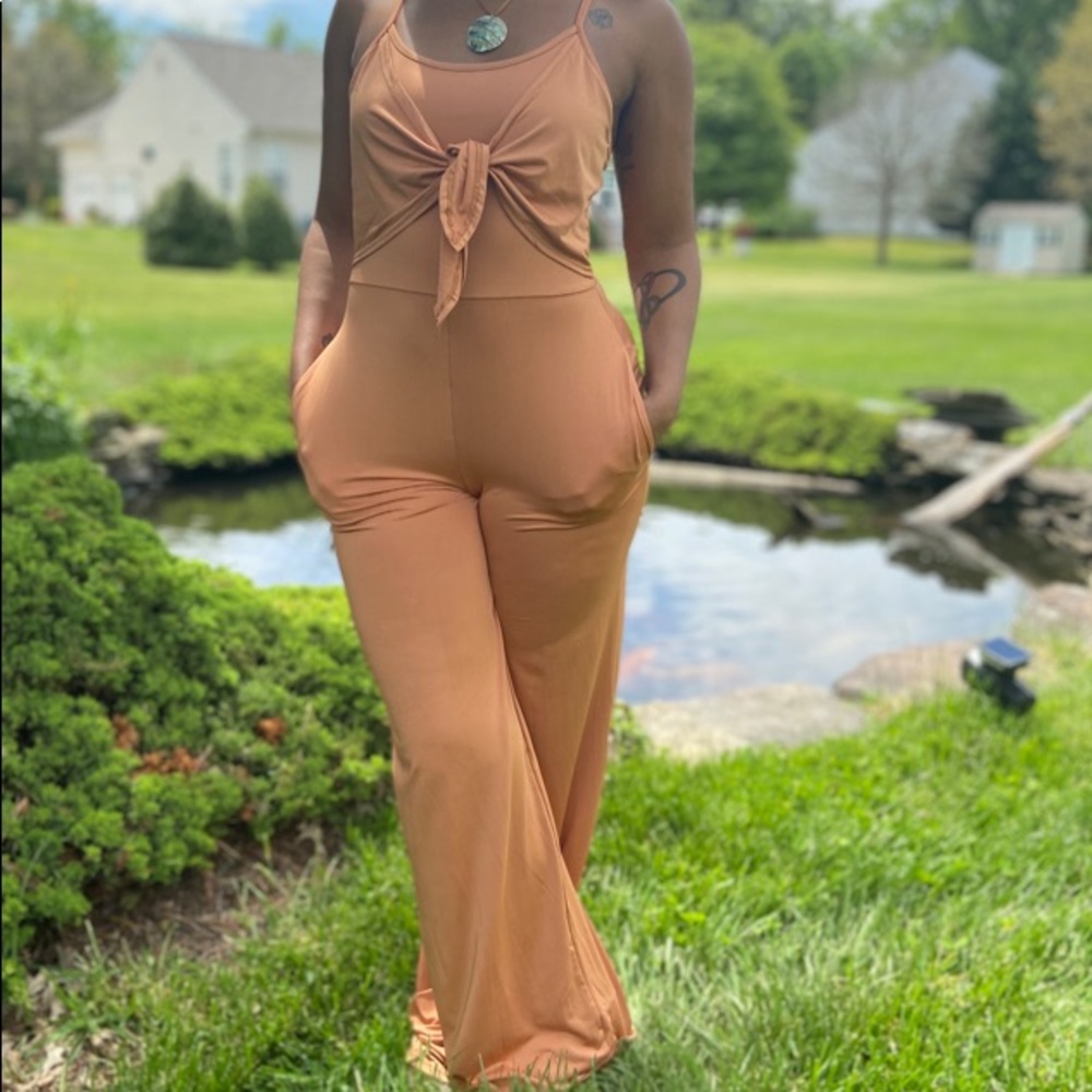 Khaki Thin Strap Tie Waist Jumpsuit
